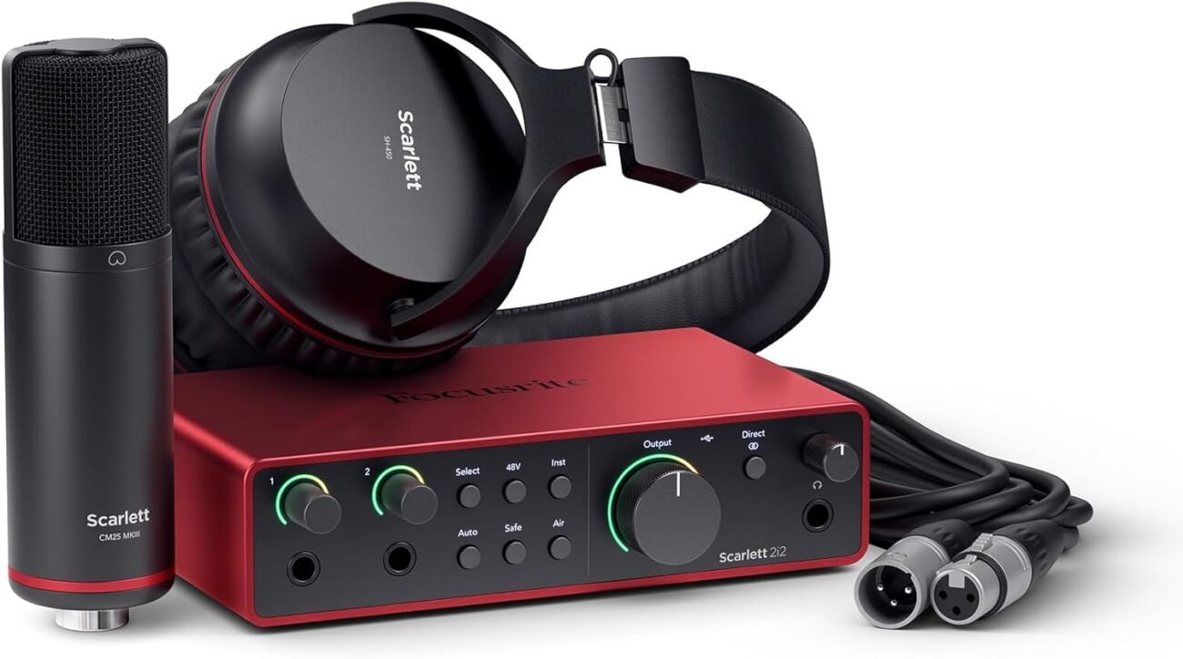 Focusrite Scarlett 2i2 Studio 4. Gen USB-Audio-Interface-Bundle für Songwriter – mit Kondensatormikrofon und Kopfhörer für Aufnahmen, Streaming und Podcasting
