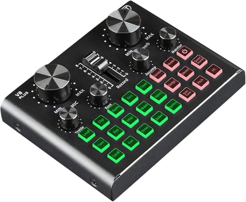 RUHEN Mixeur Audio professionnel, Carte Son V8 Plus Pour Diffusion en Direct, changeur de voix, Carte Son Avec Multiples effets sonores, mixeur Pour enregistrement